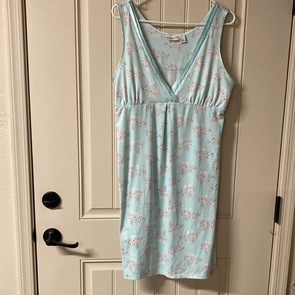 Marina Luna Intimates Sleepwear Nightgown Blue with Floral Design V-Neck Size L